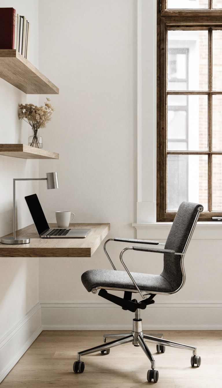 A modern minimalist small office space with a sleek wall-mounted floating desk in light wood or white finish attached to a clean white wall, accompanied by matching floating shelves above displaying minimal decorative items and books, the furniture pieces hovering above the floor revealing the natural hardwood or light-colored flooring beneath, creating an airy and spacious feel with plenty of visible floor space, natural lighting from a nearby window, a simple ergonomic chair, and a laptop on the desk, shot from a three-quarter angle to showcase the floating effect and open floor area, professional interior photography style