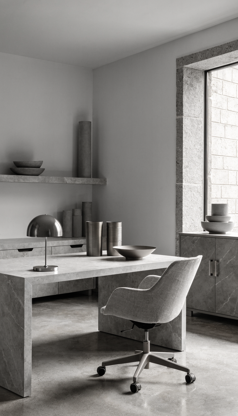 A sophisticated small modern office interior showcasing a monochromatic color scheme in shades of soft gray, featuring a sleek minimalist desk, ergonomic chair, floating shelves, and storage solutions all in varying tones of the same gray color family, with different textures including matte walls, glossy accessories, linen fabric, and brushed metal accents, natural lighting from a window, clean lines, cohesive and expensive-looking design, professional photography style, high-end interior design aesthetic