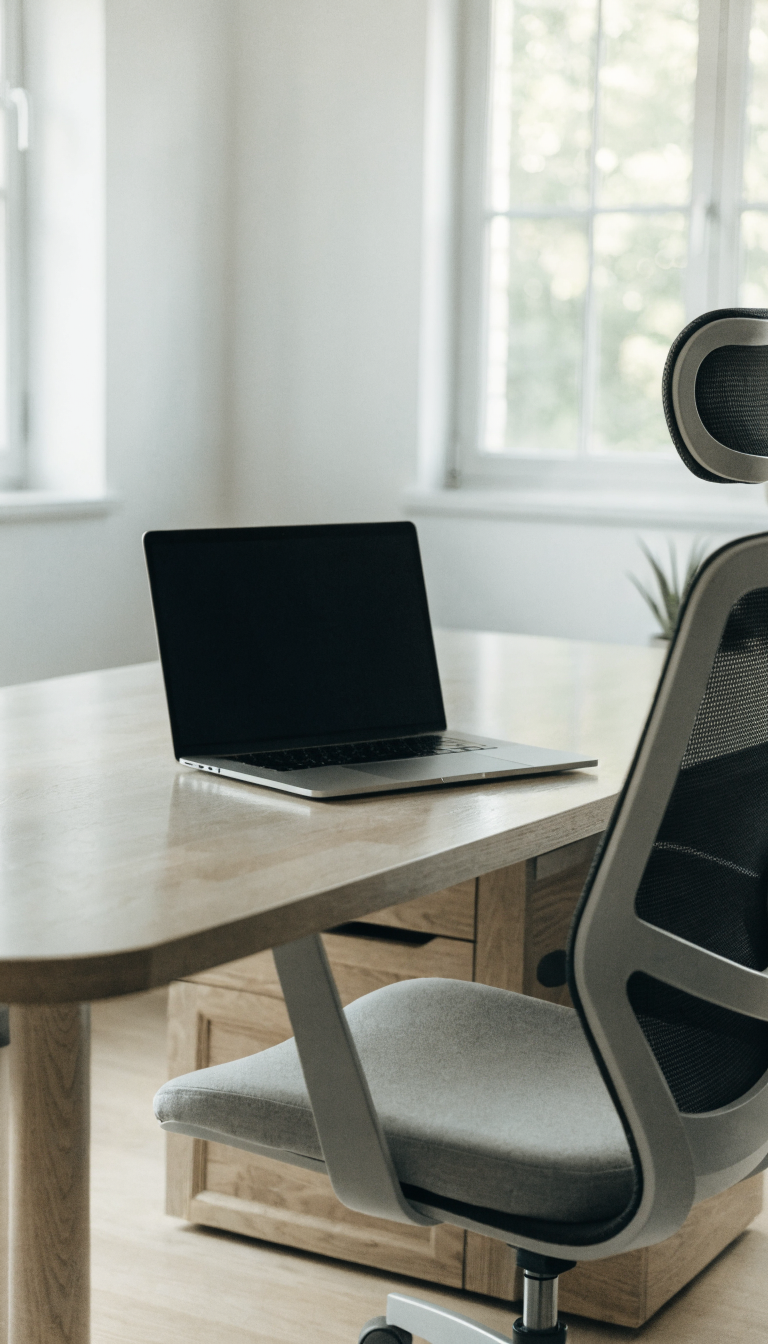 A pristine minimalist office desk photographed from a slight angle, featuring only a sleek laptop computer centered on a clean white or light wood surface, with completely clear space around it, soft natural window light creating gentle shadows, a small potted succulent barely visible at the edge, organized desk drawers slightly visible below, modern ergonomic chair partially in frame, bright and airy atmosphere with white or light neutral walls in the background, professional photography style with shallow depth of field, emphasizing the serene emptiness and zen-like order of the workspace