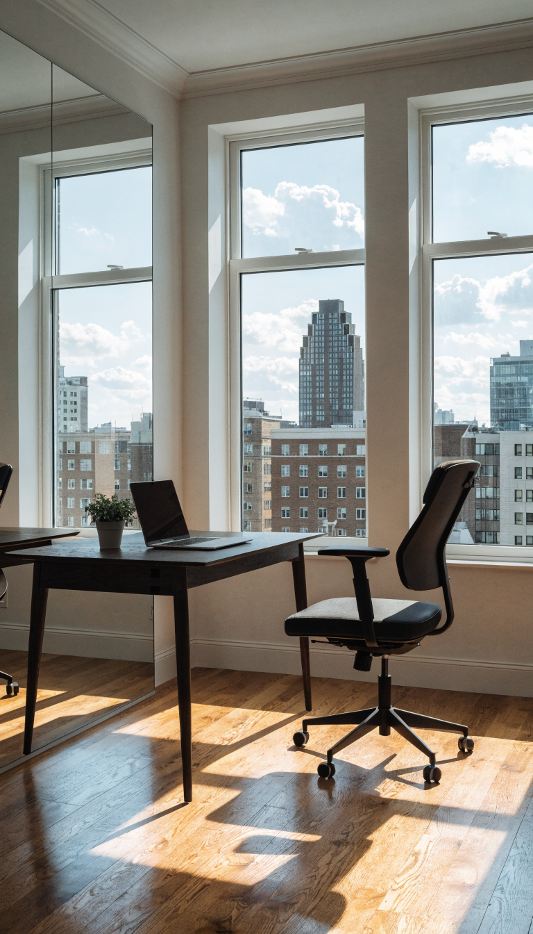 A minimalist small home office bathed in abundant natural light streaming through large windows, featuring a sleek modern desk positioned perpendicular to the window to avoid glare, a comfortable ergonomic chair, minimal desk accessories including a laptop and small plant, light-colored walls reflecting the sunlight, wooden flooring, and a strategically placed mirror on the adjacent wall amplifying the natural brightness, shot during daytime with soft shadows, professional interior photography style, bright and airy atmosphere, Scandinavian design aesthetic, realistic photo quality