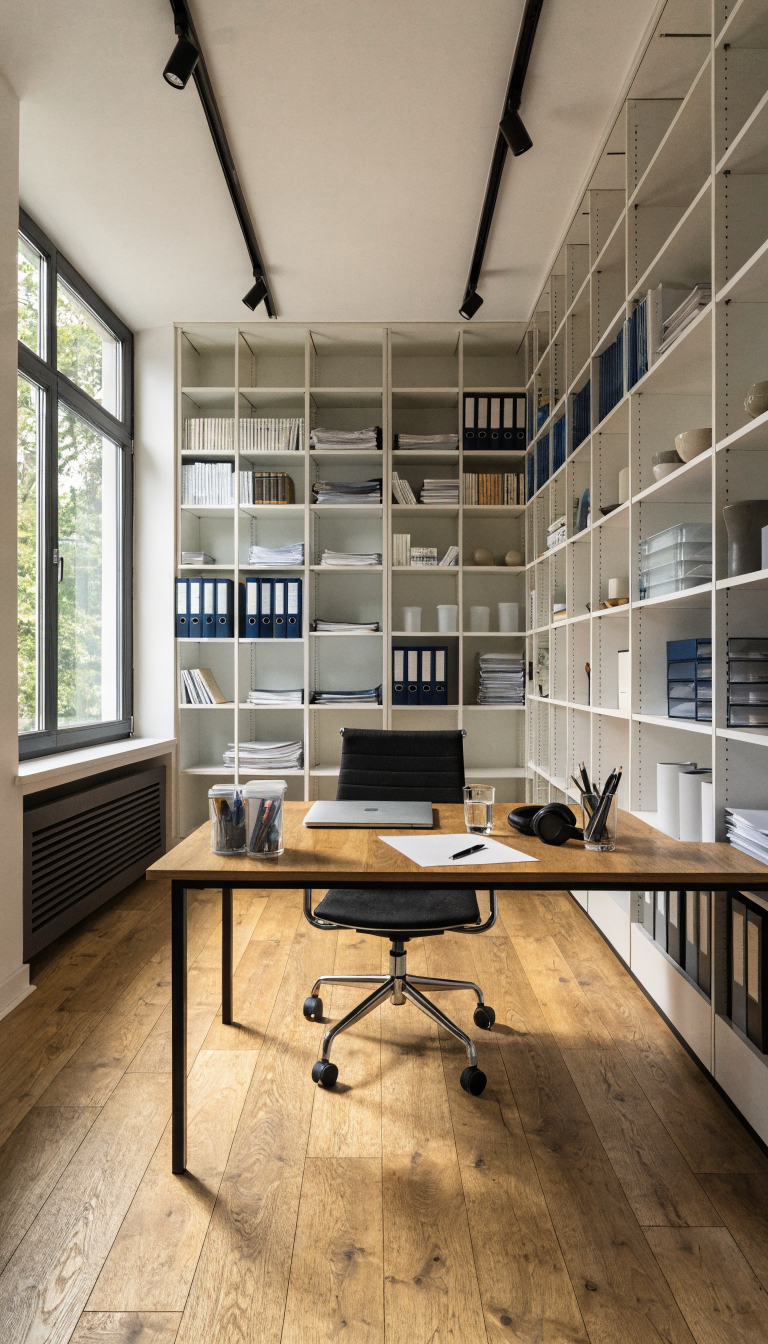 A modern small office interior showcasing floor-to-ceiling vertical storage solutions with tall, narrow white shelving units mounted on the walls, filled with organized binders, books, and office supplies at various heights, a minimalist desk below with frequently accessed items at arm level, natural lighting from a window creating depth, emphasizing the expanded floor space and height of the room, professional photography style with clean lines and contemporary aesthetic