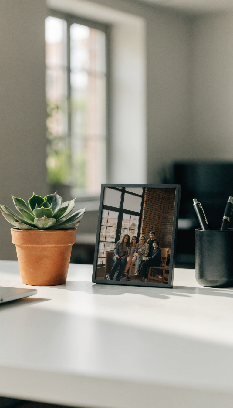 A minimalist modern desk photographed from a slightly elevated angle, featuring exactly three carefully chosen decorative items: a small potted succulent plant, a simple framed family photograph, and an elegant matte black pen holder with two pens. The desk surface is a clean light wood or white finish, completely clear except for these three items, with a laptop partially visible at the edge. Soft natural window light creates gentle shadows, emphasizing the intentional spacing between each object. The background shows a blurred office setting with neutral walls, creating a calm, focused workspace atmosphere. Professional photography, shallow depth of field, crisp details on the three desk accessories, conveying tranquility and intentional minimalism.