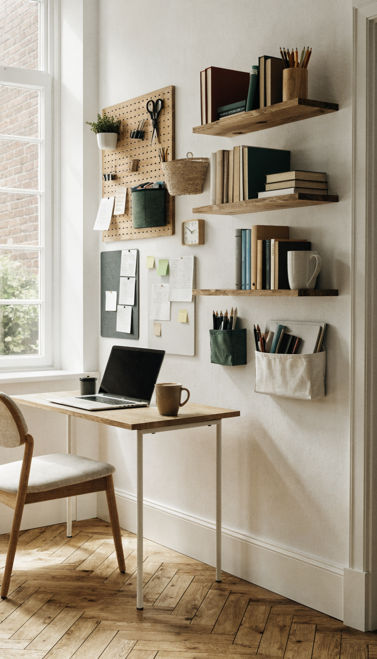 A modern small home office with a white wall transformed into a vertical organization system, featuring floating wooden shelves at staggered heights holding books and office supplies, a wooden pegboard with hanging desk accessories and small plants, magnetic boards with papers and notes, and wall-mounted organizers, minimal desk below with laptop and coffee cup, bright natural lighting from side window, clean Scandinavian aesthetic, professional photography, shallow depth of field