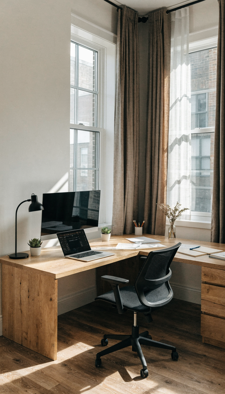 A high-quality photograph of a modern corner desk setup positioned in a room corner, featuring an L-shaped white or light wood desk with two distinct work zones, one side displaying a sleek computer monitor and laptop for focused work, the other side showing organized paperwork and creative materials spread out, complemented by a comfortable ergonomic office chair, natural lighting from nearby windows, minimalist desk accessories including a desk lamp, small potted plants, and organized storage solutions, with clean walls and professional home office decor creating an efficient command center workspace