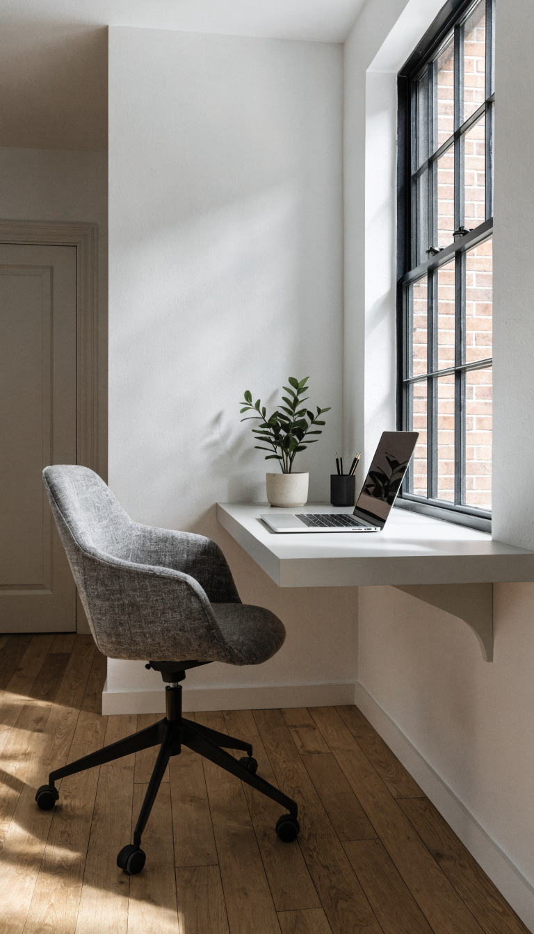 A modern small home office with a sleek wall-mounted floating desk in light wood or white finish, attached to a clean white wall with minimalist brackets, showing the clear floor space underneath creating an airy, spacious feeling. The desk has a laptop, small potted plant, and minimal desk accessories on top. Natural light streams in from the side, emphasizing the floating effect and open floor area beneath the desk. The room features neutral tones, a contemporary ergonomic chair, and the perspective clearly shows how the visible floor space underneath makes the compact office feel larger and more open.