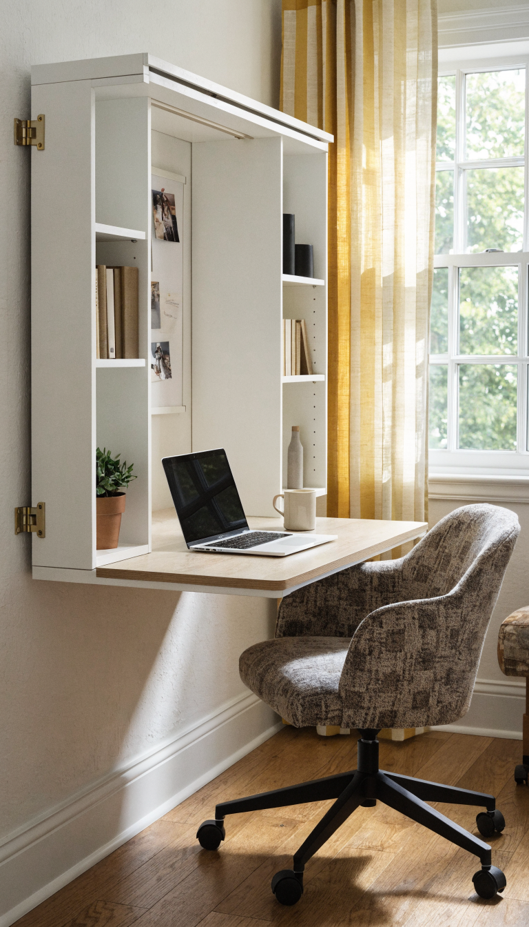 A modern Murphy desk folded down from a white wall in a small home office space, showing the desk surface with a laptop and coffee mug, integrated shelving compartments with books and decorative items, a built-in bulletin board with pinned notes, and a comfortable desk chair positioned in front, natural lighting from a nearby window, clean minimalist design with light wood tones and white finish, the wall-mounted mechanism visible showing how it folds up, realistic home interior photography style, high-quality architectural detail, cozy and functional workspace that doubles as a living area