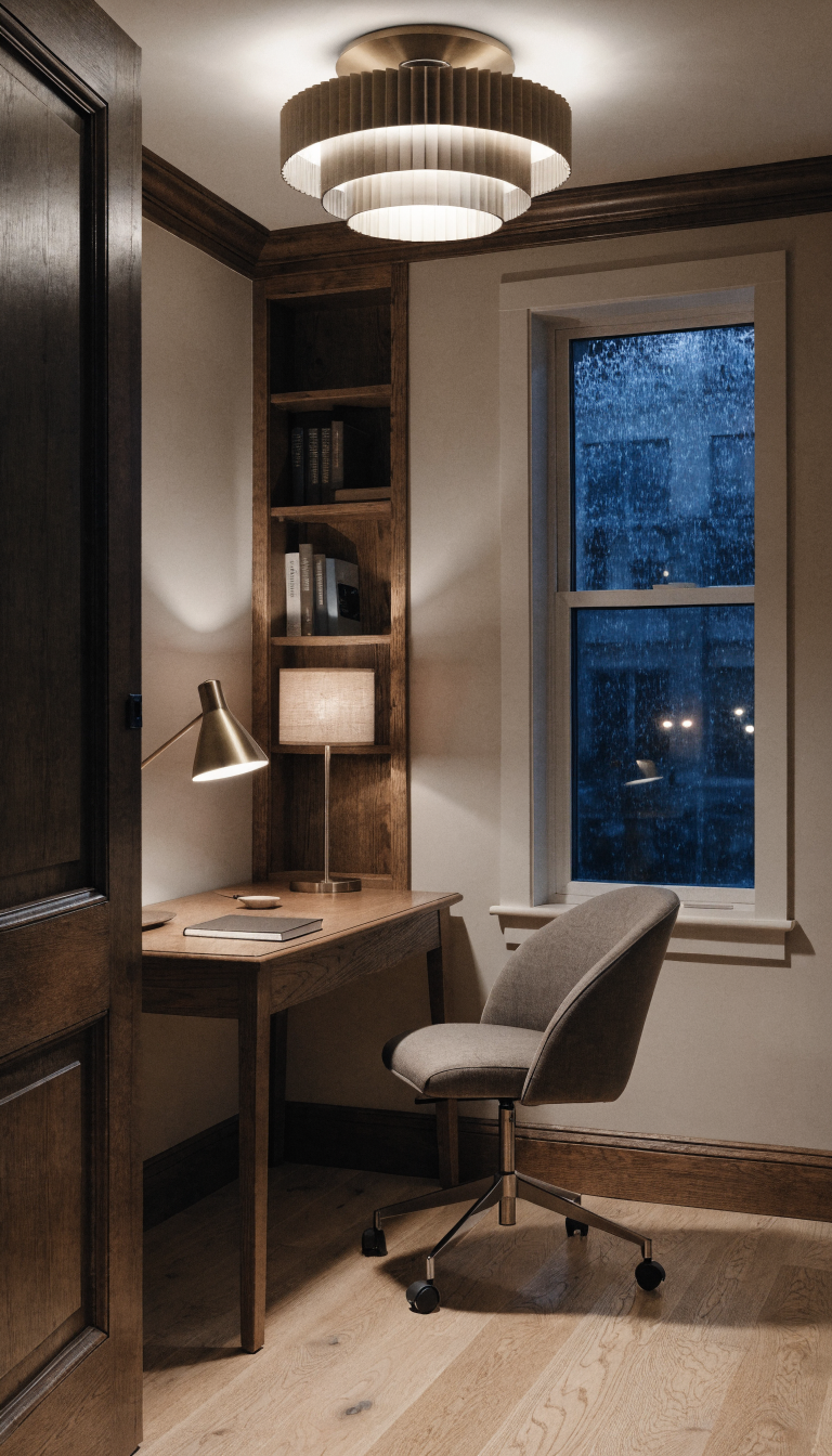 A bright, inviting small home office showcasing layered lighting design with three distinct light sources: a modern flush-mount ceiling fixture providing ambient light, a sleek adjustable desk lamp illuminating the workspace, and warm accent lighting from a small table lamp on a bookshelf, all working together to create a warm, professional atmosphere in a compact workspace with a desk, ergonomic chair, and minimal decor, photographed during evening hours to emphasize the lighting layers, professional interior photography style with depth and dimension