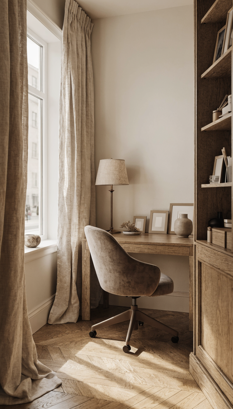 A sophisticated small home office with a monochromatic beige color scheme, featuring walls painted in soft cream, a medium tan wooden desk with clean lines, a taupe upholstered ergonomic chair, darker caramel-toned shelving with organized supplies, and accessories in various shades of beige and brown including a table lamp, picture frames, and decorative objects, shot in bright natural lighting from a window to showcase the spacious feel created by the cohesive color palette, professional interior photography style, shallow depth of field