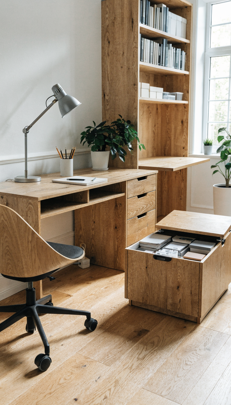 A bright, modern small home office featuring multifunctional furniture including a sleek wall-mounted desk with integrated filing drawers and storage compartments, a stylish storage ottoman with an open lid revealing organized supplies inside that also serves as seating, and a contemporary bookshelf unit with a fold-down desk panel attachment, all arranged in a compact space-efficient layout with natural lighting from a window, clean minimalist aesthetic, warm wood tones mixed with white surfaces, potted plants for decoration, professional photography, sharp focus, realistic interior design