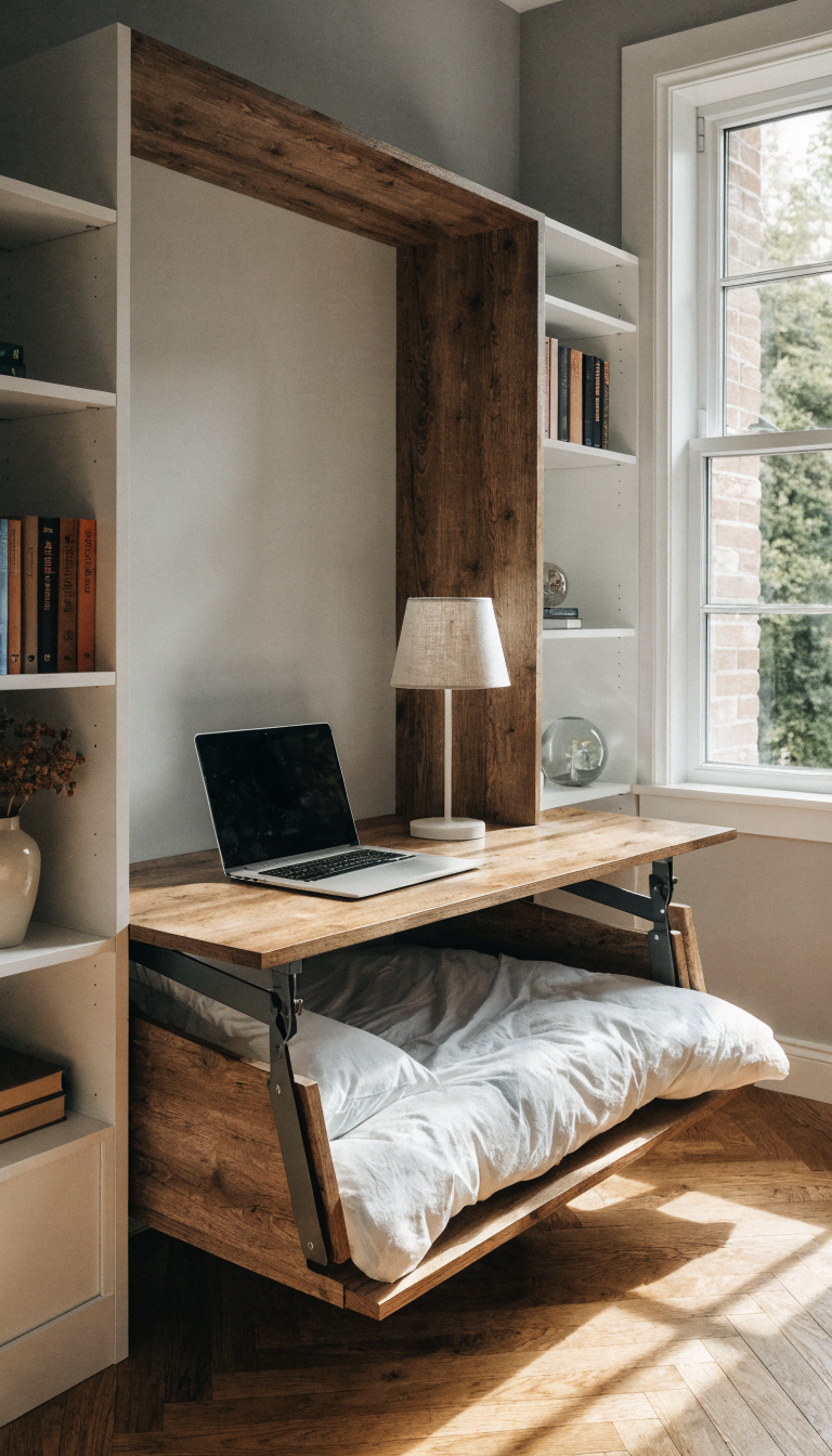A modern murphy bed desk combo in a contemporary small home office, showing a sleek wall-mounted unit with a fold-down bed mechanism partially visible, integrated wooden desk surface with a laptop and desk lamp, built-in white shelving units on both sides filled with books and decorative items, light gray walls, warm natural lighting from a nearby window, hardwood flooring, minimalist Scandinavian design aesthetic, professional interior photography style, high resolution, shallow depth of field