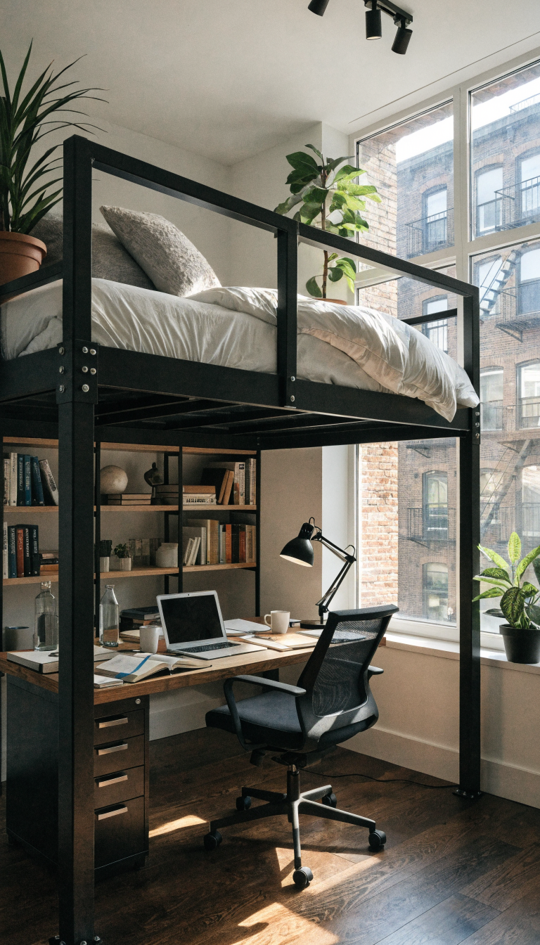 A modern adult loft bed system in a small urban apartment room with a complete professional office workspace underneath, featuring a sleek black metal loft bed frame elevated 6 feet high with a full-size mattress dressed in minimalist white and grey bedding, below is a well-organized desk setup with a laptop, task lamp, ergonomic office chair, filing cabinet, and built-in bookshelves filled with books and decorative items, natural light streaming through a nearby window, contemporary industrial design with clean lines, wooden desk surface, potted plants adding warmth, professional interior photography style, wide angle view showing both the elevated sleeping area and functional workspace below, realistic lighting and textures, cozy yet productive atmosphere