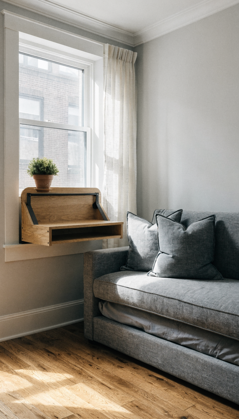 A modern small room interior featuring a sleek wall-mounted fold-down desk in the up position against a light gray wall, with a contemporary gray sleeper sofa positioned against an adjacent wall, natural light streaming through a window, minimalist decor with a small potted plant on the desk surface, warm wood tones on the fold-down desk, clean hardwood flooring, the room showing both furniture pieces clearly visible and not interfering with each other's space, professional interior design photography, bright and airy atmosphere, realistic residential setting