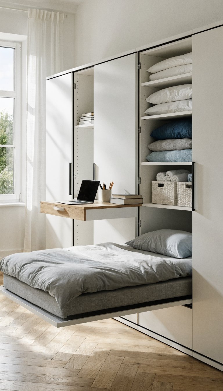 A modern Scandinavian-style room featuring a large white modular wardrobe system with some sections open to reveal a fold-out desk workspace with a laptop and office supplies, adjacent sections showing neatly organized guest storage with linens and pillows, and a pull-out bed partially extended from another compartment, all seamlessly integrated into the sleek wardrobe unit against a clean white wall, natural daylight streaming through a nearby window, minimalist aesthetic with light wood flooring, realistic interior photography, professional home design quality