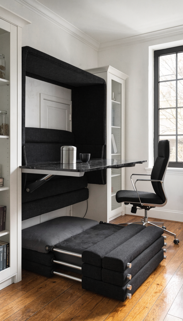 A modern home office with convertible furniture in mid-transformation, featuring a sleek wall-mounted desk that hydraulically folds down to reveal a Murphy bed behind it, alongside a sophisticated storage ottoman that expands into a sleeping surface, set in a compact contemporary room with minimalist white walls, built-in shelving units, warm wood flooring, and natural daylight streaming through a window, showcasing the dual functionality of office and guest room with clean lines and space-saving design elements
