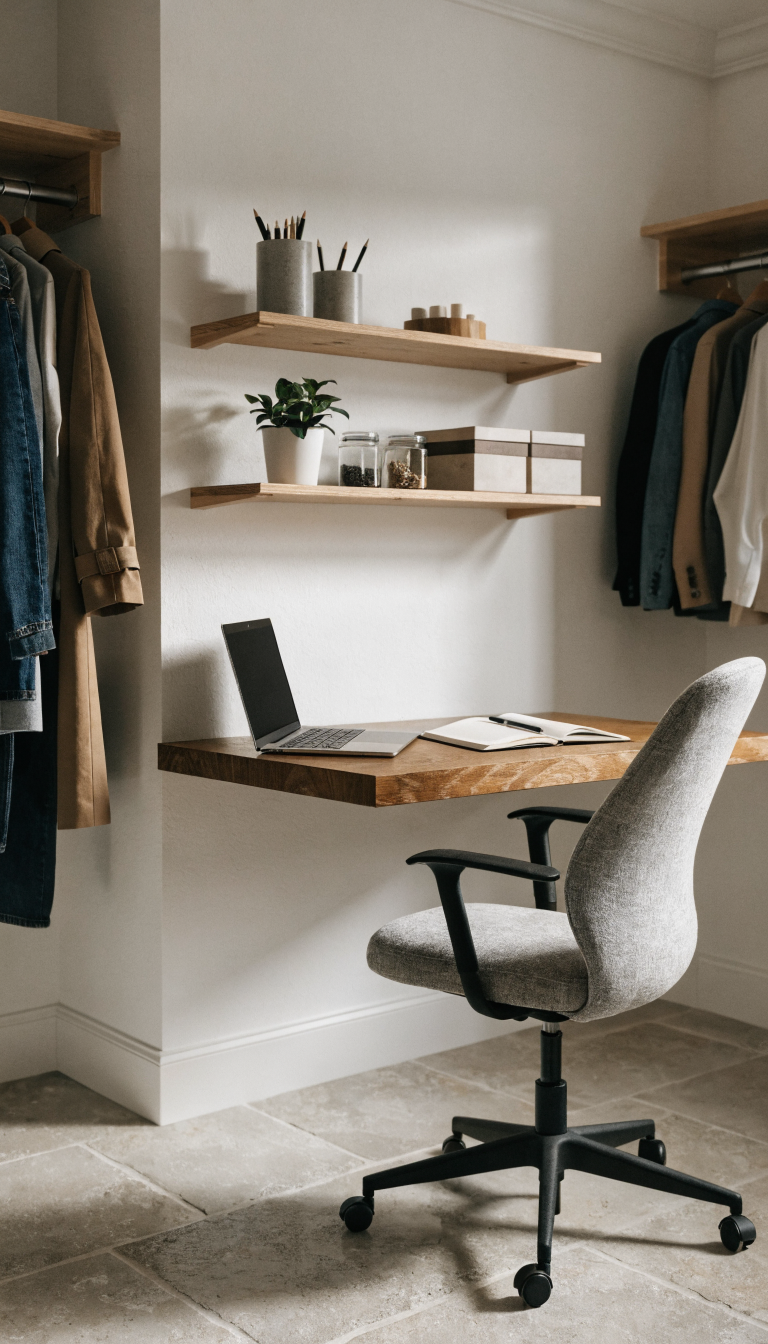 A modern minimalist closet office conversion featuring a sleek wooden floating desk mounted on a white wall inside a small walk-in closet, with a comfortable ergonomic chair tucked underneath, natural wood shelving above the desk holding organized office supplies and a small potted plant, soft natural lighting from the side, clean and uncluttered workspace with a laptop and notebook on the desk surface, clothing rods visible on the adjacent walls showing this is a functional closet space, warm neutral color palette, professional interior design photography style, shallow depth of field, high resolution