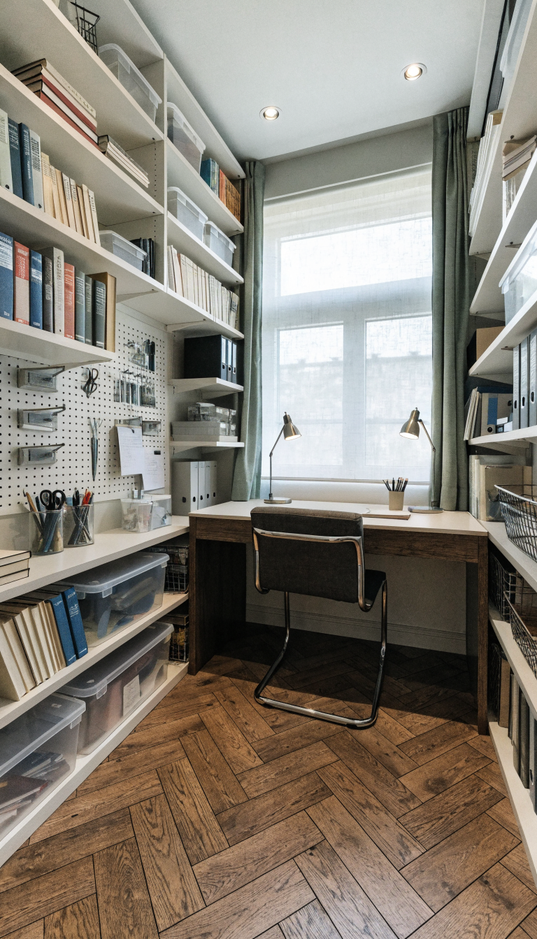 A professional photograph of a compact walk-in closet converted into a functional office space, showcasing floor-to-ceiling vertical storage solutions with white floating shelves mounted above a small built-in desk, a pegboard wall panel with hanging organizers and office supplies, magnetic strips holding scissors and metal tools, all items neatly arranged reaching up to the ceiling, natural lighting from above, clean modern aesthetic with organized books, office supplies, and storage containers maximizing every inch of vertical wall space, shot from a corner angle to show the full height and depth of the small walk-in closet office