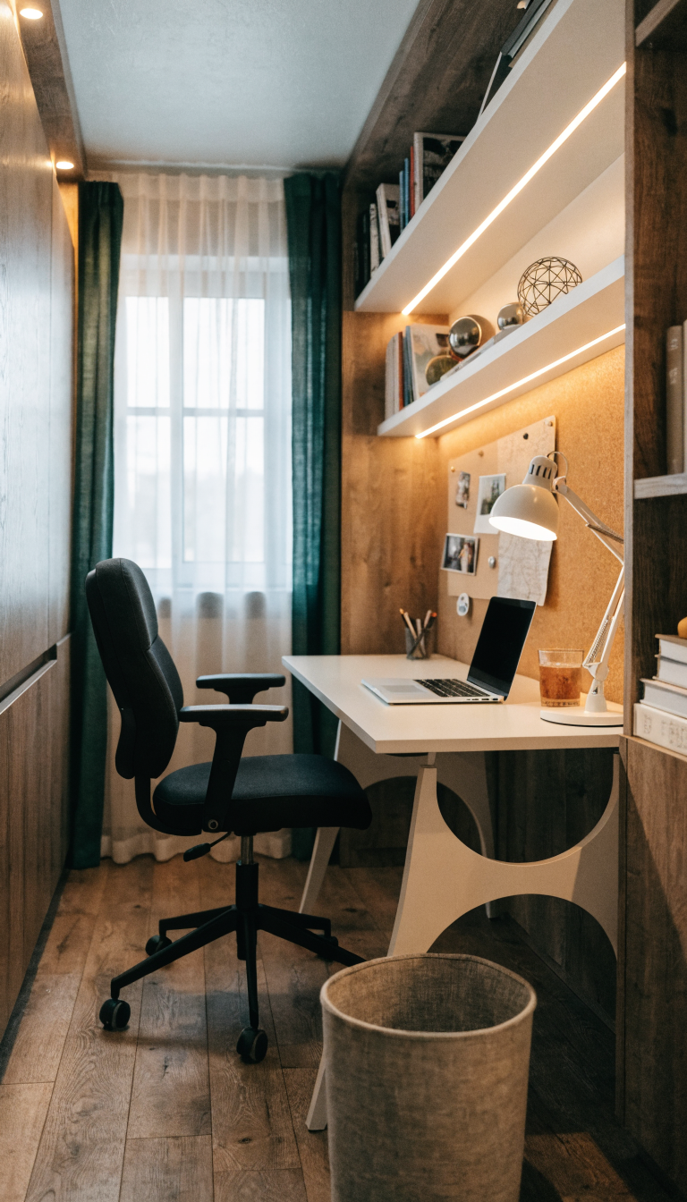 A bright and inviting small walk-in closet converted into a home office workspace, featuring multiple layers of lighting including warm LED strip lights mounted under floating shelves creating an ambient glow, a modern adjustable desk lamp on a compact white desk illuminating the workspace with bright light, and small battery-powered puck lights in the upper corners, all combining to create a well-lit productive environment, shot during daytime with natural light mixing with artificial lighting, professional interior photography style, high resolution, realistic depth of field