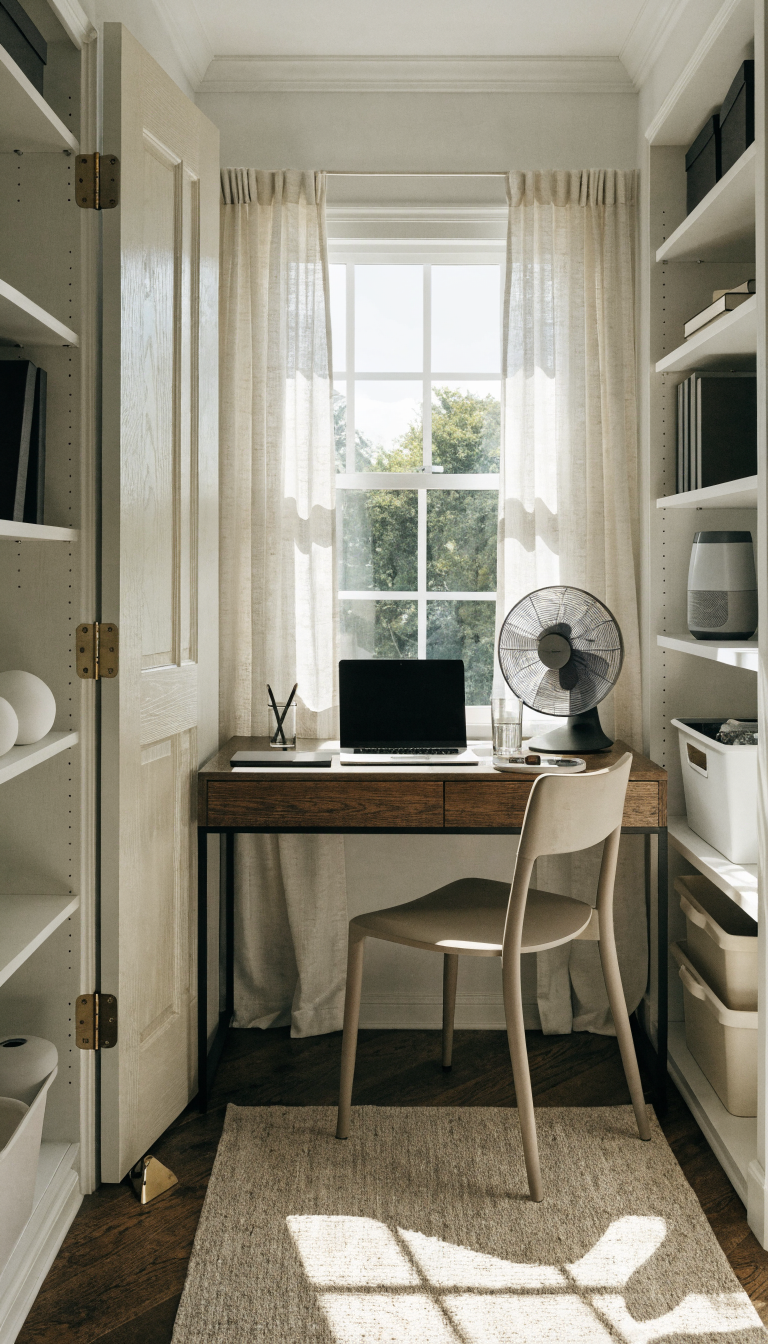 A bright, well-organized small walk-in closet converted into a compact home office workspace, featuring a sleek desk setup with a modern USB-powered desk fan prominently placed on the work surface, a small cylindrical air purifier sitting on a shelf, and the closet door propped open with a decorative wedge, natural light streaming in, white shelving units on the sides, laptop and minimal office supplies on the desk, professional photography style, realistic lighting, high resolution, interior design magazine quality