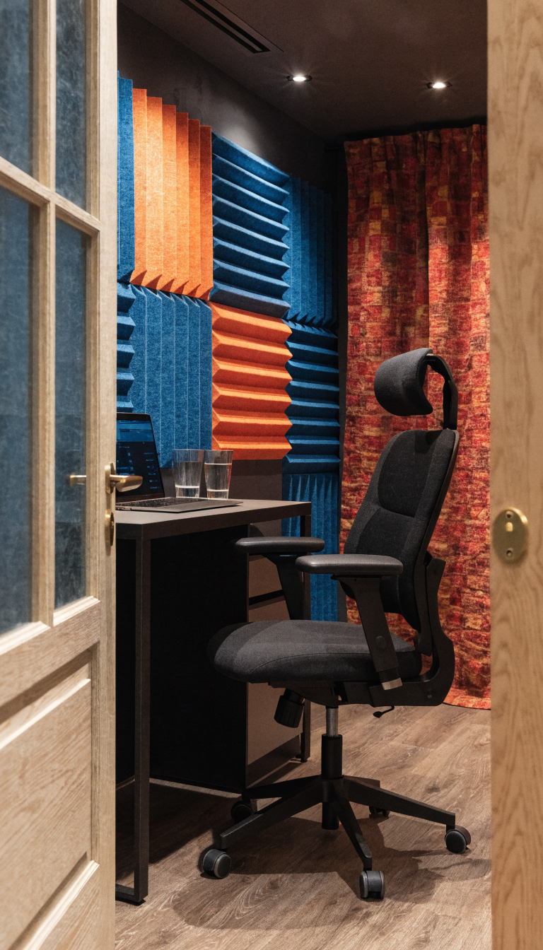 A modern closet office workspace with acoustic foam panels in stylish colors mounted on the walls, a thick decorative curtain or tapestry hanging behind an ergonomic office chair, compact desk setup with a laptop and keyboard inside a small walk-in closet, warm ambient lighting, professional home office aesthetic, shallow depth of field, realistic photography style, clean and organized workspace with sound-dampening materials visible, 4K quality