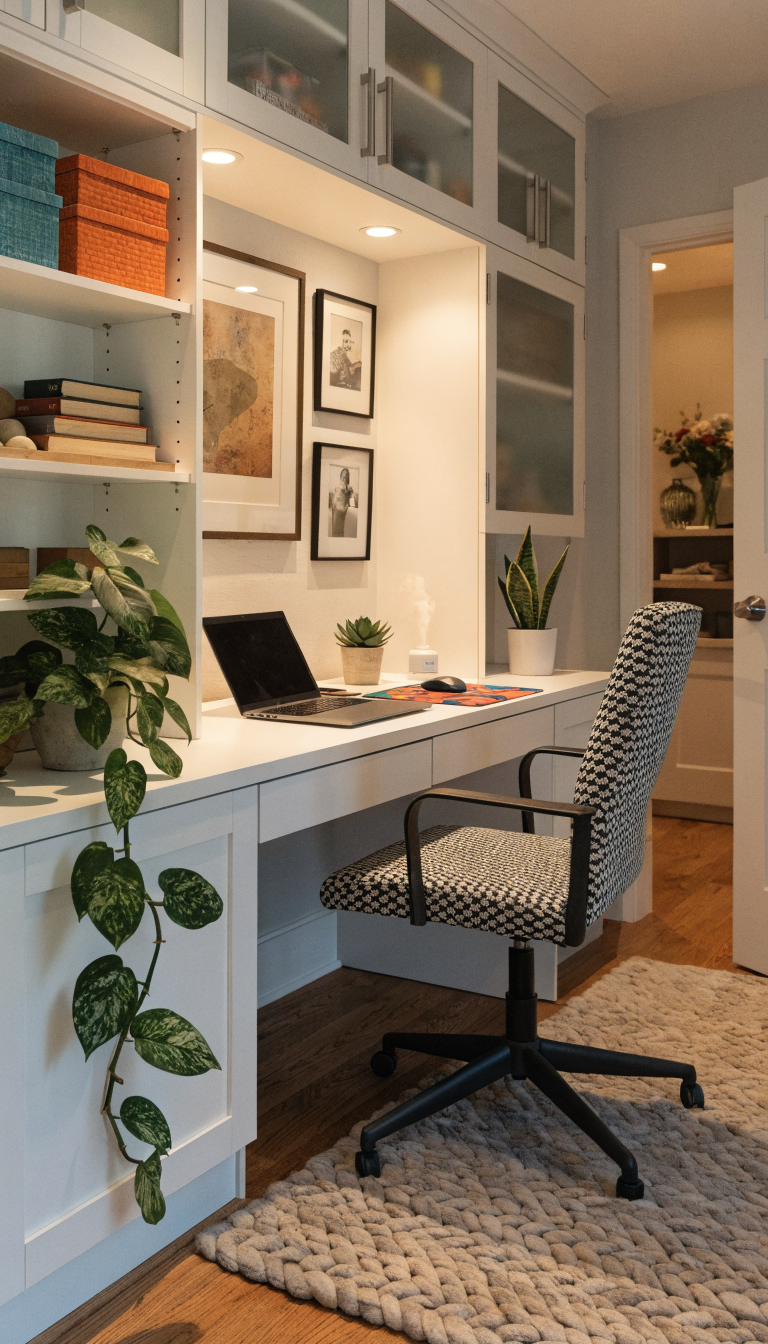 A bright and inviting small walk-in closet converted into a personalized home office workspace, featuring a compact white desk with a laptop, a thriving pothos plant in a ceramic pot cascading down one side, a small snake plant on the desk corner, framed inspirational artwork and family photos mounted on the closet walls, a sleek essential oil diffuser emitting a gentle mist, warm LED lighting overhead, organized shelving with decorative boxes and books, a comfortable modern office chair, and personal touches like a colorful mouse pad and a small succulent, shot from a slightly elevated angle showing the cozy intimate workspace, professional interior photography style, natural warm tones, well-lit and welcoming atmosphere