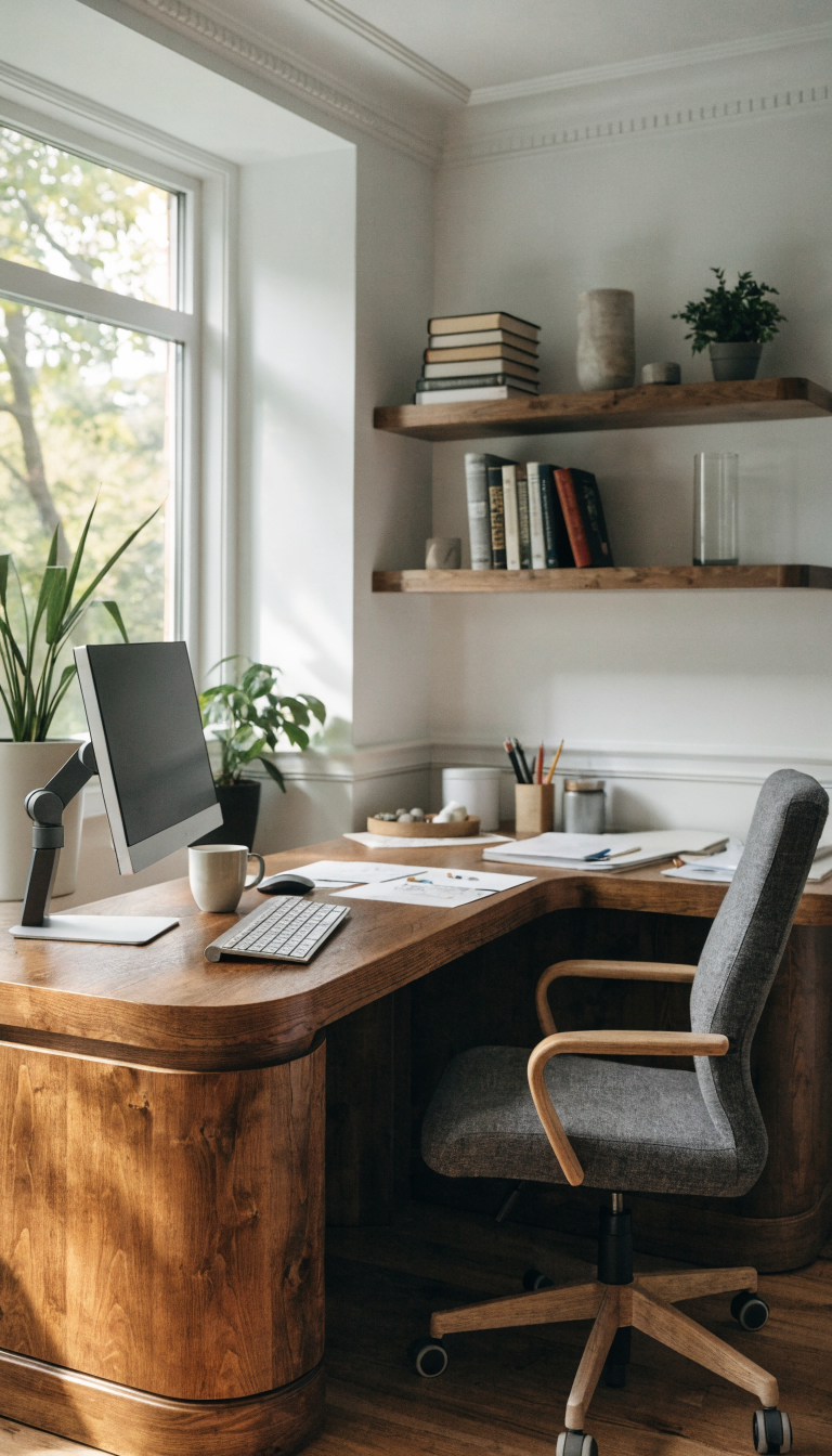 A modern, well-designed corner home office with an L-shaped desk configuration wrapping around two perpendicular walls, featuring a sleek workspace setup with a computer monitor on one side and organized paperwork and creative materials on the other side, natural light streaming through a nearby window, stylish floating shelves above the desk displaying books and decor, a comfortable ergonomic office chair, warm wood tones mixed with white or neutral colors, potted plants adding life to the space, minimalist and contemporary aesthetic, professional home workspace photography, shallow depth of field, bright and airy atmosphere