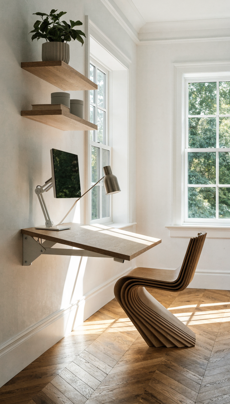 A modern minimalist home office with a sleek wall-mounted floating desk setup in white or light wood, featuring a fold-down desk surface attached to a white wall, a mounted monitor or laptop on an articulating arm, floating shelves above holding minimal office supplies and a small plant, a wall-mounted task lamp, and a compact floating chair or stool, shot in a bright naturally-lit room with clean lines and an airy, spacious feel, completely clear floor underneath emphasizing the levitating effect, professional interior photography style with soft shadows and contemporary aesthetic