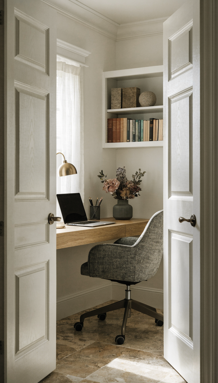 A stunning converted closet home office with white walls, featuring a sleek floating desk with a modern laptop and gold desk lamp, organized shelving above with books and decorative boxes, a comfortable upholstered task chair, and the closet doors open to reveal the compact but stylish workspace, natural lighting from nearby window illuminating the space, professional interior design photography, shallow depth of field