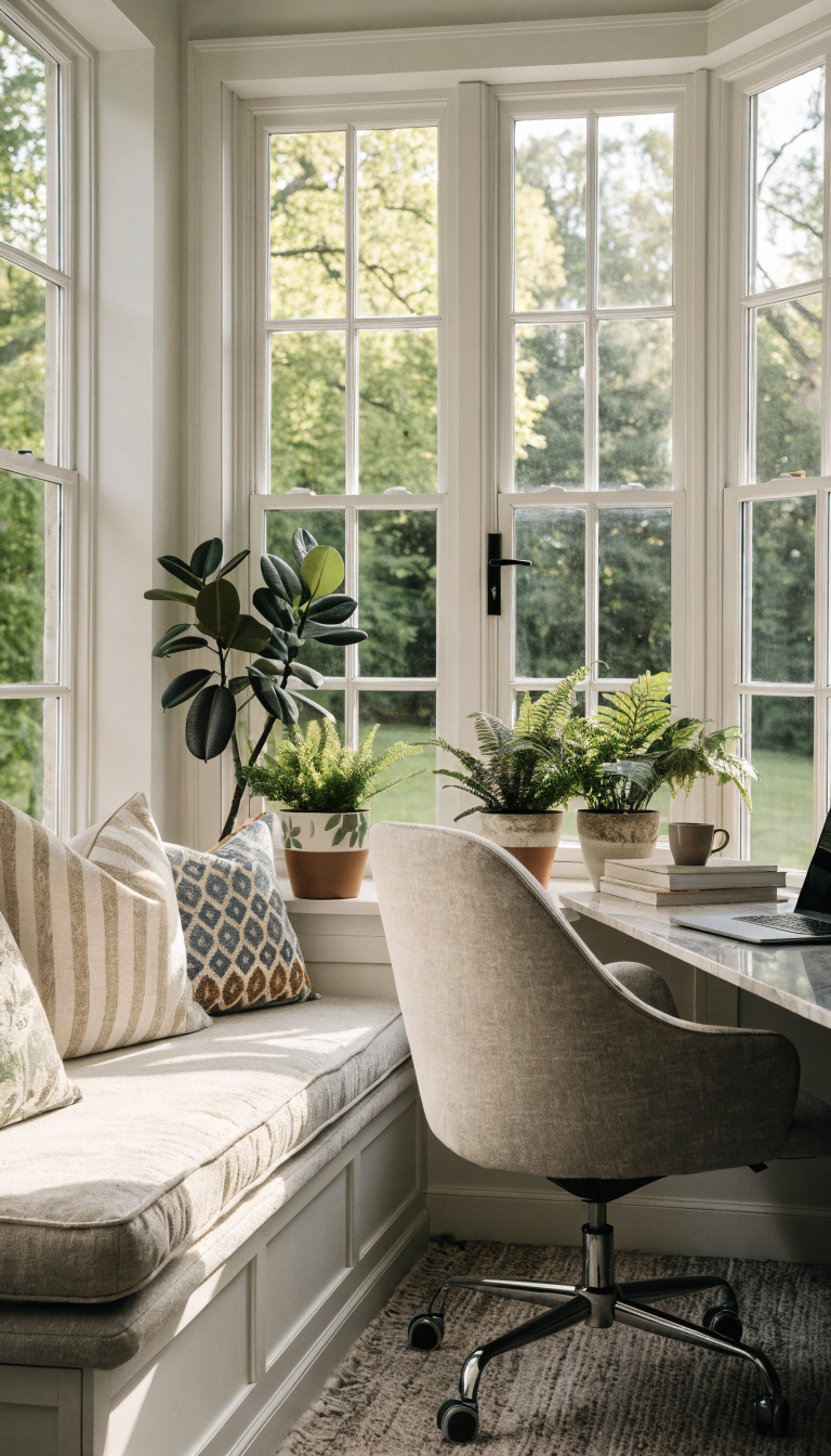 A bright, inviting home office workspace built into a window seat area with plush cushions and throw pillows, featuring a sleek desk surface extending from the window alcove, a modern ergonomic chair positioned to face the window, natural sunlight streaming through large windows creating soft shadows, potted plants on the windowsill, a laptop and minimal desk accessories on the work surface, white or light-colored walls, organized storage underneath the window seat with built-in drawers, a cozy reading book and coffee mug nearby, contemporary interior design style, professional interior photography, shallow depth of field, warm natural lighting, photorealistic quality