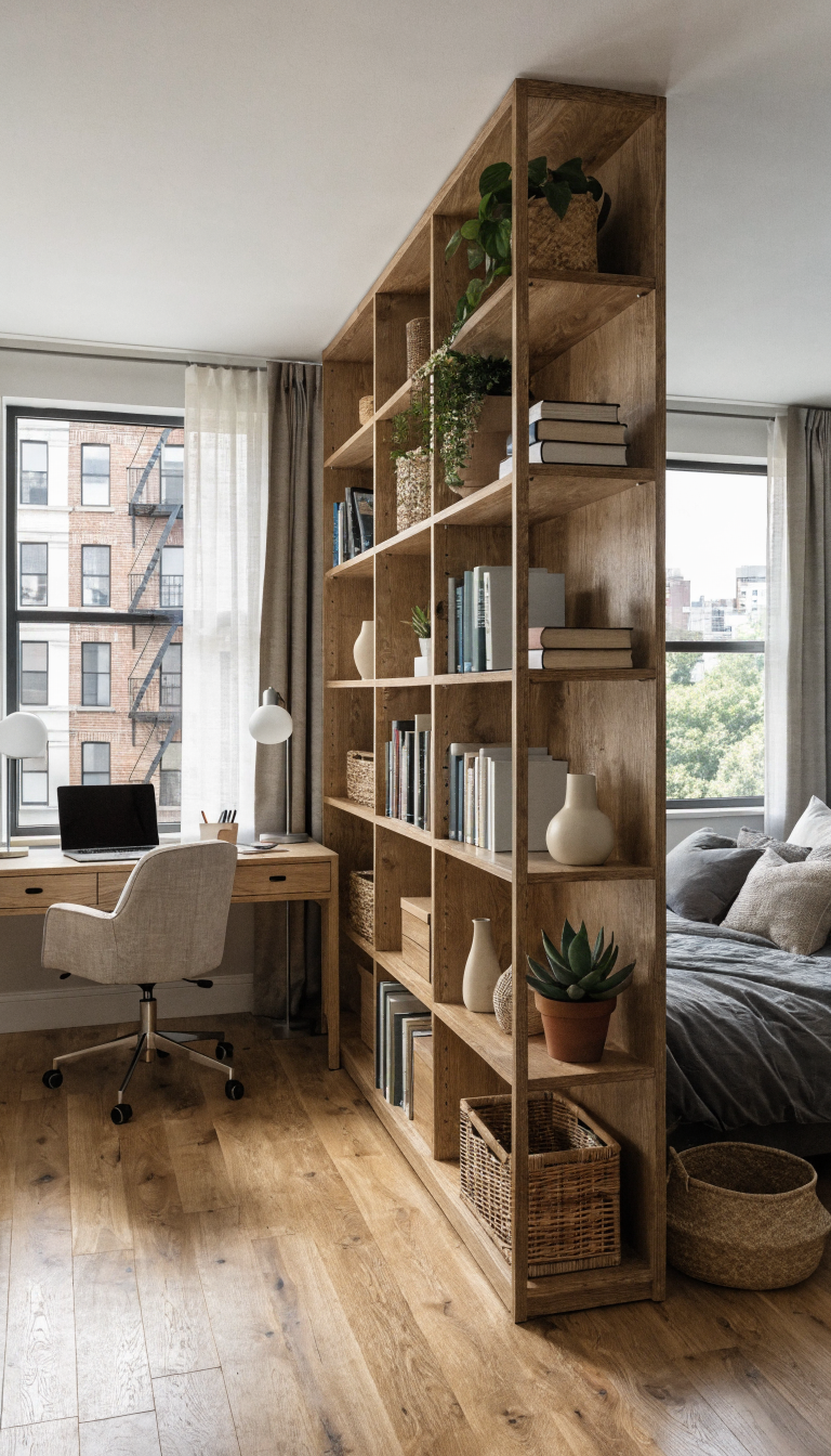 A stylish studio apartment interior featuring a tall wooden bookshelf unit acting as a room divider, with one side displaying a modern home office setup with a laptop, desk lamp, and office supplies, and the other side showing a bedroom space with decorative items and storage baskets, the shelving unit filled with books, plants, and organizational boxes, natural light streaming through windows, contemporary minimalist design with warm wood tones and neutral colors, professional interior photography, high-quality detailed shot showing both sides of the dual-purpose workspace divider.