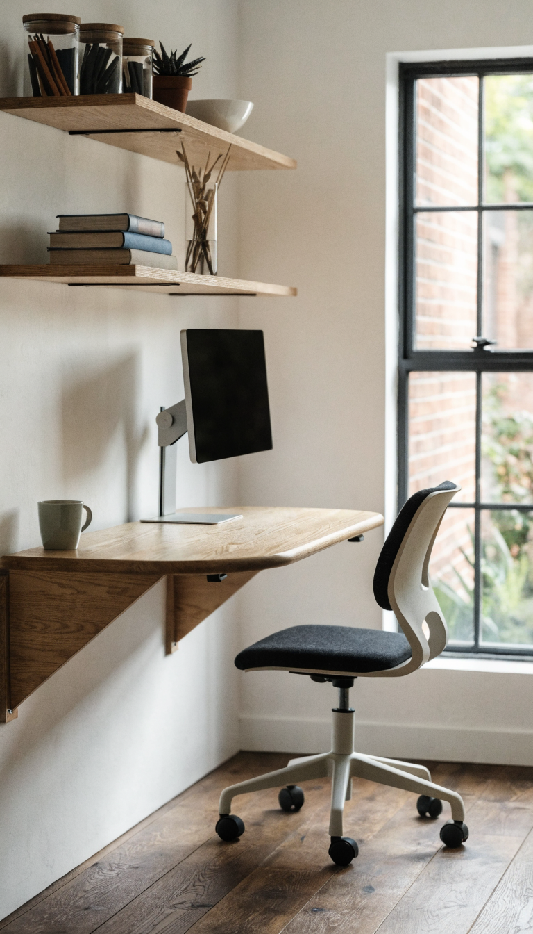 A modern small home office with a sleek wall-mounted fold-down desk in light wood attached to a white wall, floating shelves above displaying organized office supplies and small plants, a wall-mounted monitor arm holding a computer screen, minimalist design with natural lighting from a nearby window, compact ergonomic chair tucked underneath, vertical storage maximizing wall space, contemporary Scandinavian style, clean and organized aesthetic, professional photography, shallow depth of field
