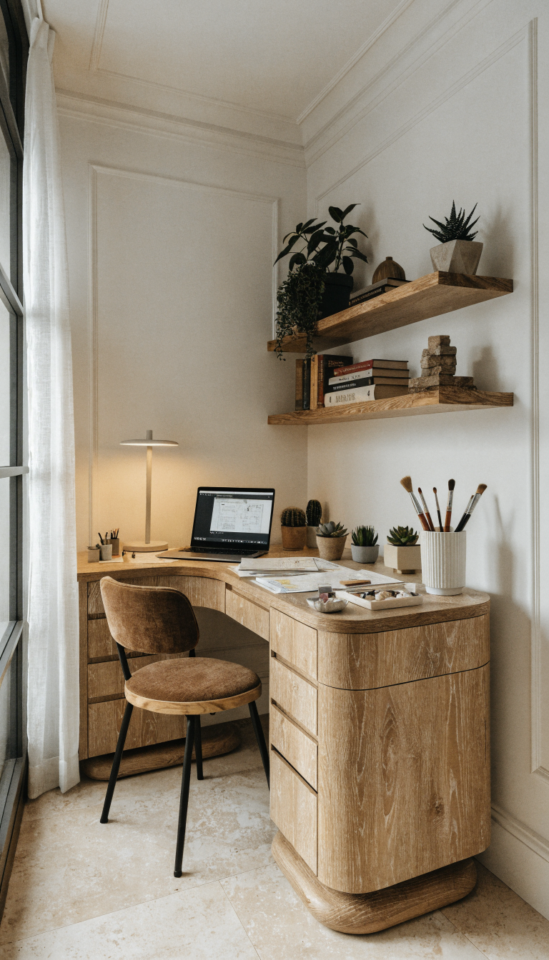 A high-quality photograph of a stylish small home office setup utilizing an awkward corner space with a modern L-shaped corner desk in light wood finish, positioned snugly between two white walls. The workspace features a laptop on one side and organized paperwork and creative supplies on the other surface. The cozy corner includes floating shelves above the desk with small plants and decorative items, a comfortable ergonomic chair, warm task lighting from a minimalist desk lamp, and the space demonstrates how a previously unused corner has been transformed into an intentionally separate, focused workspace. Natural light filters in from nearby, creating an inviting and productive atmosphere that maximizes every inch of the compact corner area.
