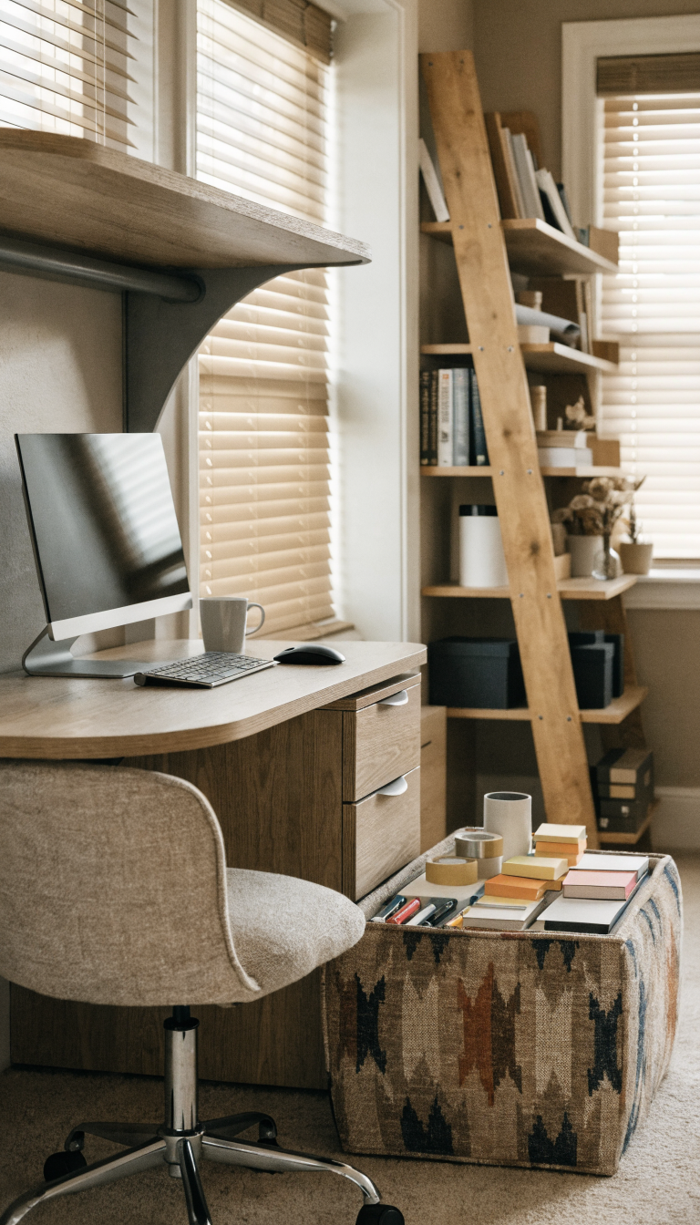 A stylish small home office featuring multi-functional furniture including a modern wall-mounted desk with built-in filing drawers beneath, a plush storage ottoman serving as both seating and hidden supply storage with its lid slightly open showing organized office supplies inside, and a sleek ladder shelf leaning against the wall combining storage and display space. The compact workspace showcases how furniture serves double duty in a tiny room, with warm natural lighting, neutral tones, and a professional yet cozy atmosphere. The composition emphasizes the clever space-saving furniture arrangement in an efficiently designed small office interior, photographed in crisp detail with shallow depth of field.