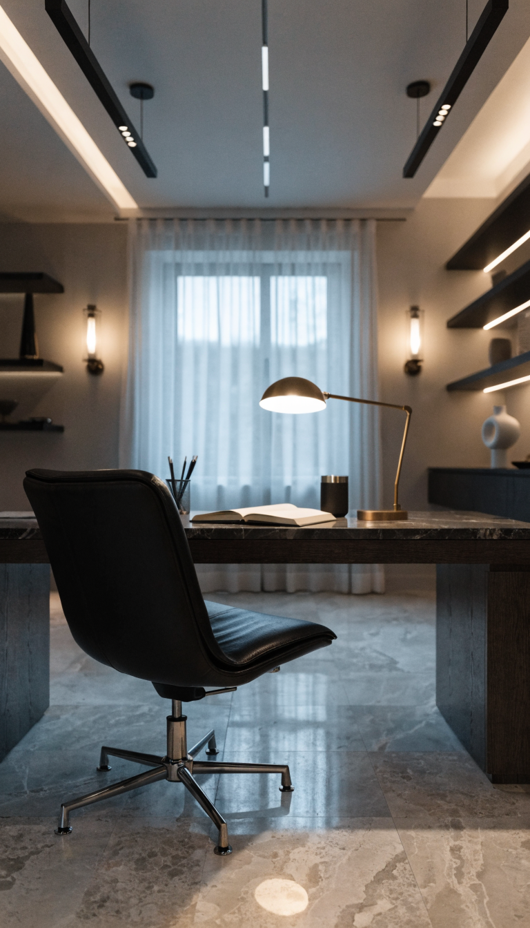 A high-end small home office showcasing strategic layered lighting with three distinct zones: a sleek adjustable desk lamp with warm glow illuminating a modern workspace, elegant wall sconces mounted on either side creating ambient light that saves desk space, and subtle accent lighting highlighting minimalist decor on floating shelves, all within a compact 6x8 foot room with light-colored walls, creating depth and dimension through the interplay of warm and cool light sources, photographed in a professional interior design style with shallow depth of field
