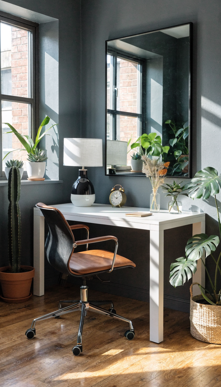 A bright, stylish small home office with a large rectangular mirror with a thin black frame mounted on the wall opposite a window, reflecting natural light and creating an illusion of expanded space. The compact workspace features a modern white desk against the wall, a comfortable office chair, minimalist decor, and potted plants. Sunlight streams through the window and bounces off the mirror, illuminating the room. The mirror's reflection shows the window and additional depth, making the small office appear significantly larger and more open. Professional interior photography style, natural lighting, contemporary aesthetic, organized and uncluttered workspace.