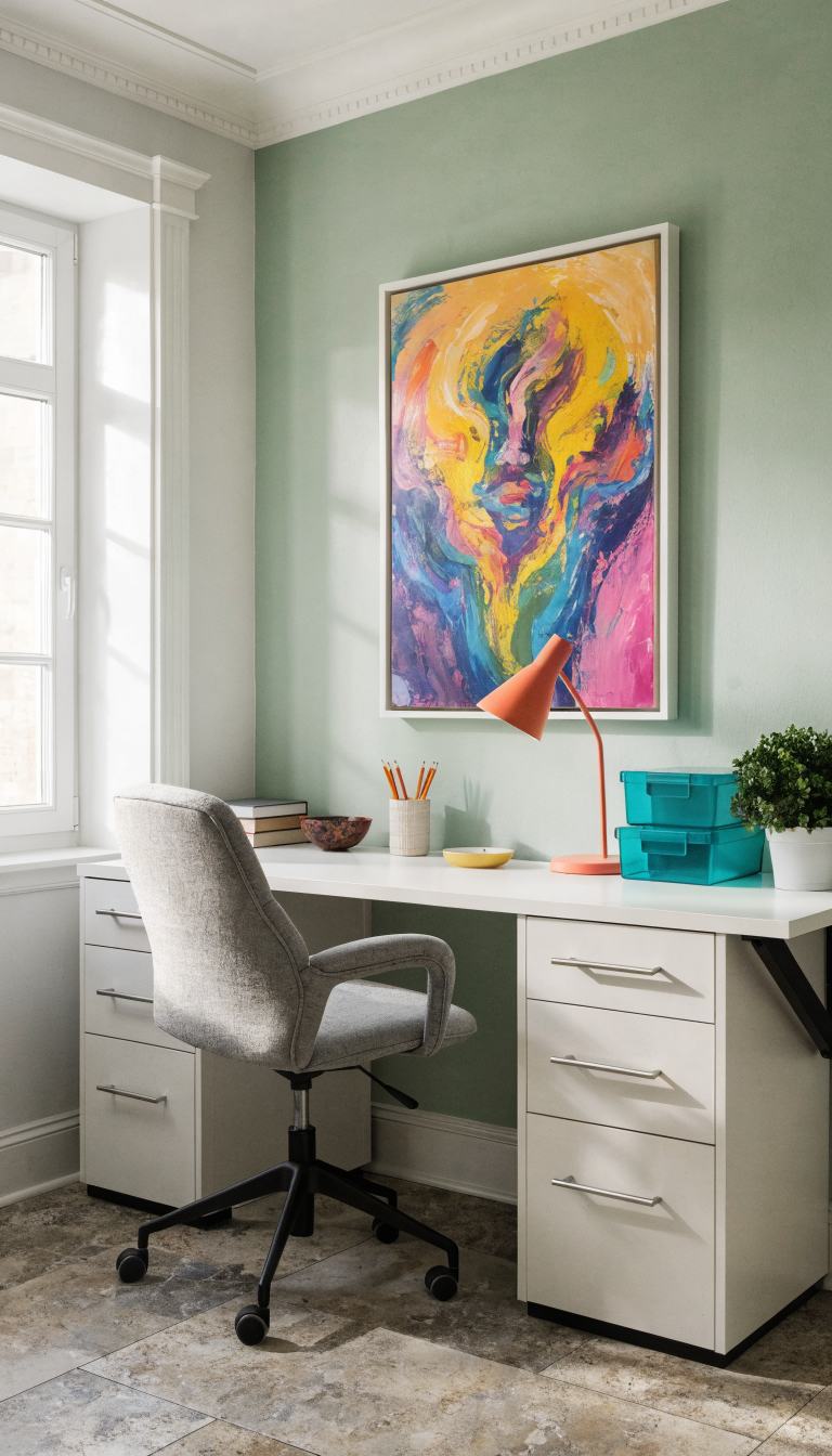A bright, compact home office featuring a sophisticated monochromatic color scheme with pale gray walls that make the small space feel larger and more open, accented by carefully placed pops of color through vibrant artwork, colorful desk accessories like a coral desk lamp and teal storage boxes, a small potted plant with deep green leaves, and a single accent wall in soft sage green behind a minimalist white desk with a comfortable chair, natural light streaming through a window creating an airy atmosphere, professional photography with sharp focus and excellent lighting that showcases how strategic color choices can visually expand a cramped workspace