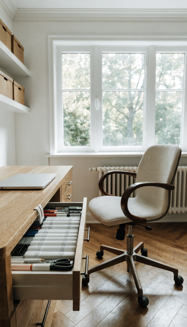 A pristine small home office showcasing impeccable organization with clear desk surfaces, sleek drawer organizers visible in an open desk drawer filled with neatly arranged pens and supplies, white cable management clips securing cords along the desk edge, floating wall shelves with matching storage boxes, a minimalist workspace with a laptop centered on the desk, everything in its designated place, bright natural lighting, clean modern aesthetic, professional photography, shallow depth of field, shot from a slight angle to show both the organized drawer and tidy desk surface