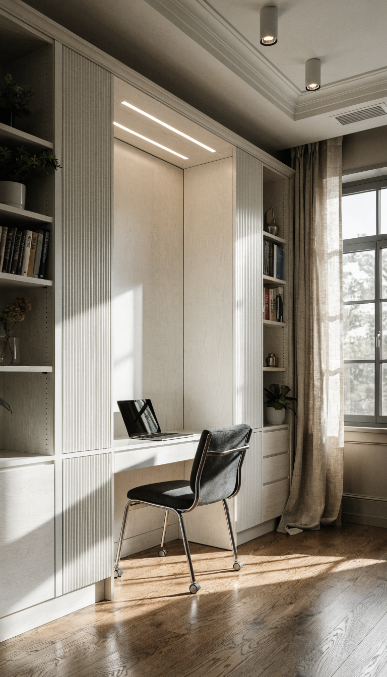 A modern, sophisticated home office featuring a sleek Murphy bed wall unit in white or light wood finish, with the bed folded up to reveal an integrated desk workspace, surrounding shelving units with books and decorative objects, a comfortable desk chair, laptop on the desk surface, contemporary lighting, and built-in storage compartments, photographed in bright natural light showing the seamless furniture design that maximizes vertical space in a compact room with hardwood floors and neutral wall colors