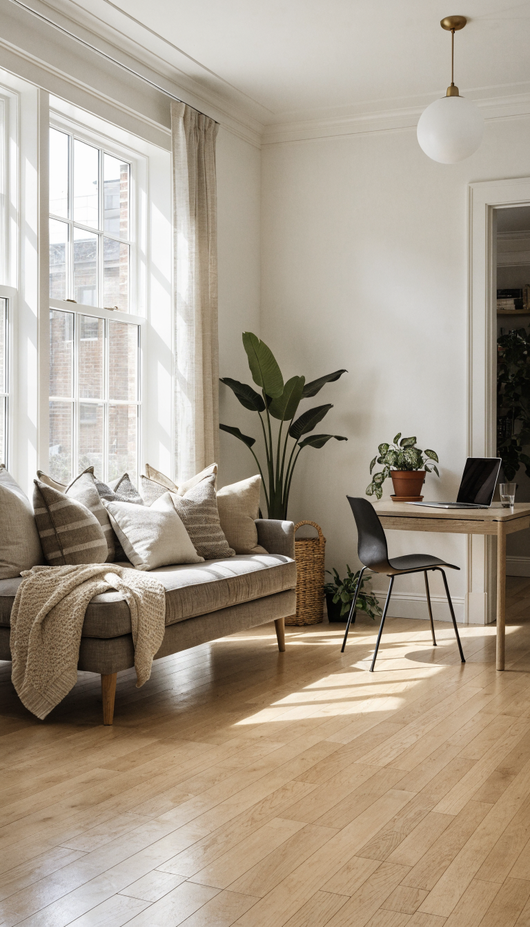 A bright, modern home office featuring a sleek upholstered daybed positioned perpendicular to a minimalist desk, styled as a sophisticated sofa with six to eight decorative throw pillows in coordinating neutral tones and textures, a chunky cream knit throw draped casually over one end, the daybed has clean lines and tapered wooden legs, the desk area includes a laptop and simple desk accessories, large window with natural light streaming in, light hardwood floors, white walls, potted plants adding greenery, the space feels airy and multi-functional, professional interior design photography, wide angle shot showing the thoughtful layout of both furniture pieces working together harmoniously