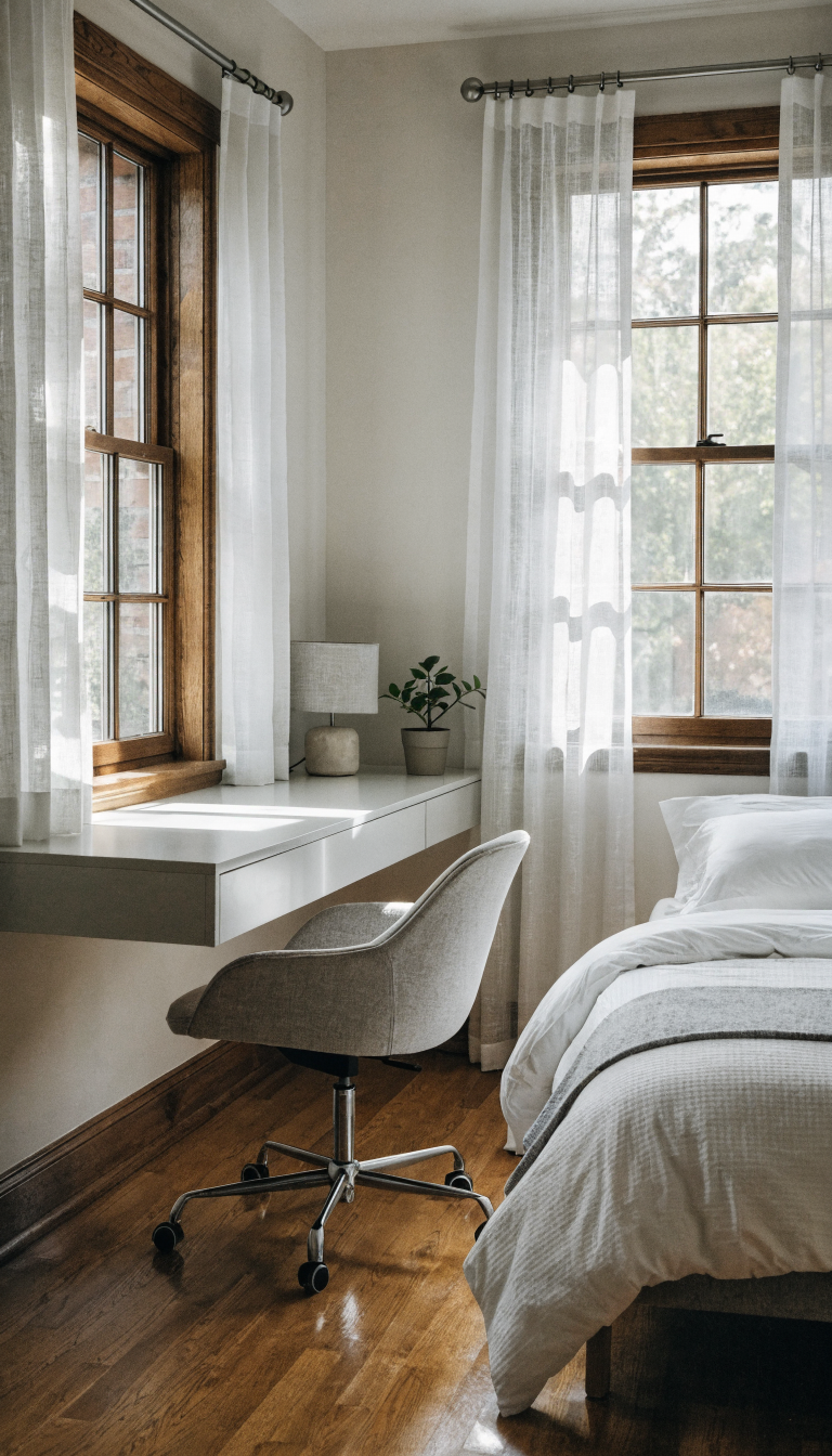 A modern small guest bedroom featuring a sleek wall-mounted floating desk in light wood or white finish attached to the wall between two windows, with the desk surface clear and minimalist, a comfortable ergonomic office chair tucked underneath, a neatly made guest bed with white linens visible in the frame showing how the floating desk preserves floor space, warm natural lighting, clean Scandinavian-inspired interior design, hardwood flooring clearly visible and uncluttered beneath the desk area, subtle decor including a small desk lamp and one potted plant, shot from a corner angle to emphasize the open floor space and airy feel of the room