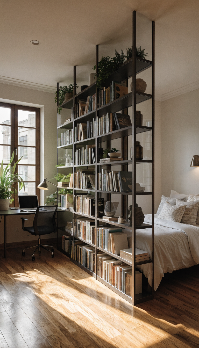 A modern small room with a tall open bookshelf unit acting as a room divider, creating two distinct zones: one side with a sleek desk and office chair with a laptop and lamp, the other side with a neatly made guest bed with white linens and decorative pillows, the bookshelf is filled with books and decorative objects allowing light to pass through, warm natural lighting from a window, contemporary minimalist interior design, hardwood floors, neutral color palette with pops of green plants on both sides, professional interior photography, high-quality architectural shot, 8k resolution