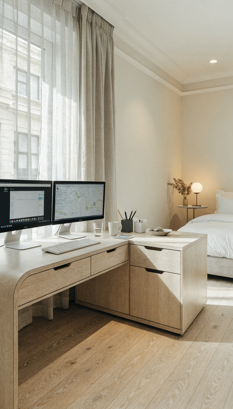 A bright, modern small guest bedroom with a sleek L-shaped corner desk in white or light wood fitted perfectly into the corner, featuring dual monitors, a keyboard, and organized desk accessories, with a comfortable upholstered guest bed with crisp white linens positioned along the opposite wall, soft natural light streaming through a window, minimalist decor, pale walls, and a small bedside table, photographed from an elevated angle to showcase the efficient space-saving layout and how the corner desk maximizes floor space while leaving room for the bed, professional interior photography style with warm, inviting lighting