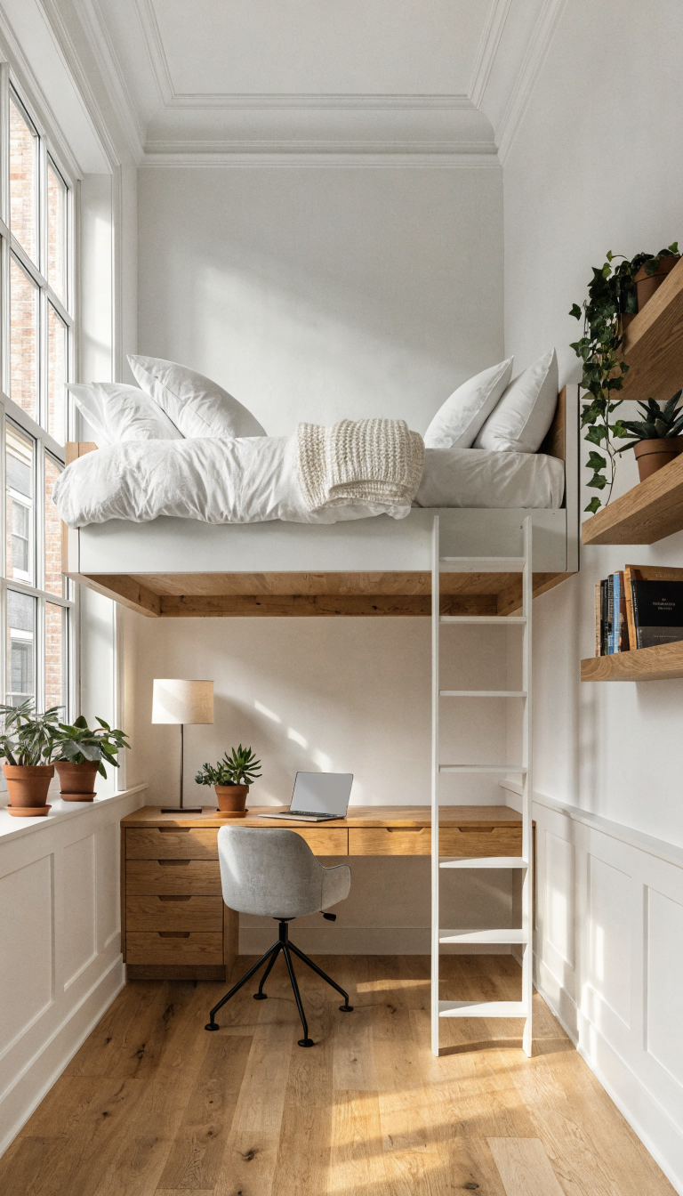 A sophisticated modern loft bed setup in a small home office with a guest bedroom underneath concept, featuring a high-ceiling room with at least 9-foot ceilings, an adult-oriented loft bed made of solid light wood or white frame with built-in sturdy ladder positioned above, a well-organized professional desk workspace directly underneath the loft bed with a comfortable office chair, laptop, and desk lamp, clean minimalist design with white bedding on the loft bed, warm natural lighting from a window, potted plants on the desk, floating shelves on the walls, hardwood flooring, and a cohesive color palette of whites, warm woods, and soft grays creating a boutique hotel aesthetic rather than a cramped or college dorm feel, photographed from a corner angle showing both the loft bed above and complete office setup below