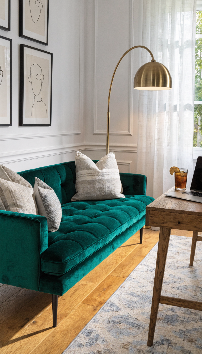 A sophisticated home office with a sleek mid-century modern sleeper sofa in rich emerald velvet positioned against a white wall, styled as elegant office lounge furniture with a wooden desk nearby, laptop open on the desk, brass floor lamp arching over the sofa, styled throw pillows, professional and polished interior design, natural light streaming through window, hardwood floors with geometric area rug, minimalist artwork on walls, the sofa appearing as high-end office seating rather than an obvious guest bed, professional video call background aesthetic, contemporary residential interior photography, sharp focus, architectural digest style