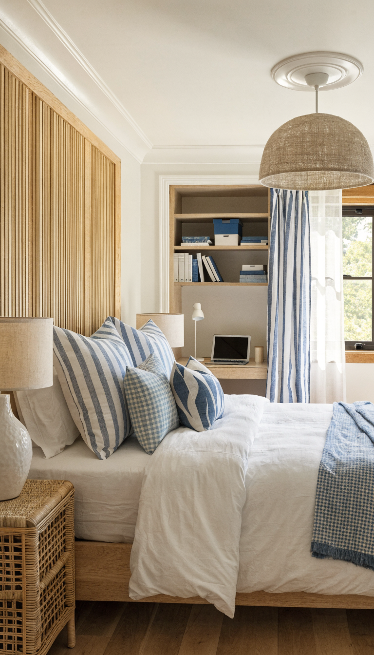 A bright, welcoming guest bedroom with a queen-sized bed as the focal point dressed in crisp white linens and decorative pillows, with a converted closet office nook (cloffice) built into the wall where the closet doors have been removed, revealing a floating desk surface with a laptop, task lamp, and organized shelving above filled with books and office supplies, all styled in modern coastal tones of white, natural wood, and soft blue accents, captured in natural daylight streaming through a nearby window, interior design photography style, high-resolution, professionally staged