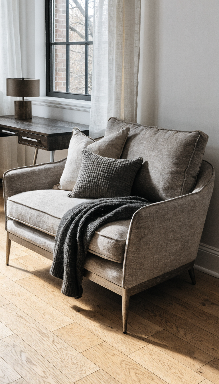 A modern, sleek loveseat sofa in a compact office space, featuring clean lines and a low profile design with slim armrests, upholstered in neutral fabric, positioned against a minimalist white wall in a small professional workspace, natural lighting streaming through a nearby window, contemporary office desk visible in the background, wooden or metal legs visible beneath the sofa, cozy yet professional atmosphere, shot from a slight angle to show the loveseat's compact proportions under 60 inches wide, warm and inviting color palette, high-quality interior design photography, sharp focus, realistic textures