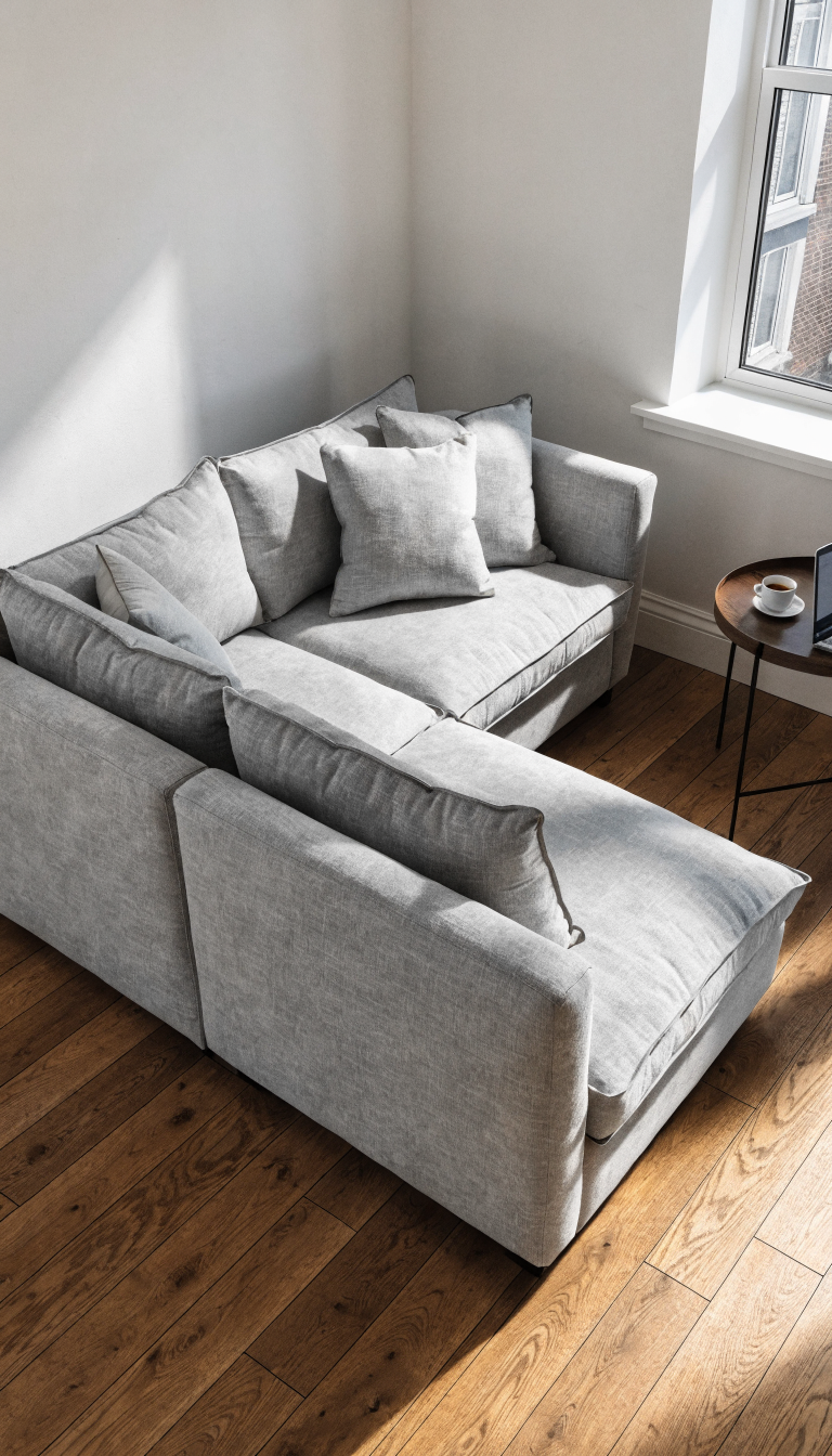 A cozy compact L-shaped corner sectional sofa in light gray upholstery positioned perfectly in the corner of a small modern office space, with clean lines and modular design, featuring plush cushions and contemporary styling, natural lighting from a nearby window illuminating the seating area, wooden flooring, minimalist decor, and a small side table with a coffee cup and laptop, photographed from an elevated angle to show how the sectional maximizes the corner space efficiently, professional interior photography style, high resolution