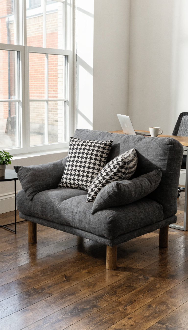 A modern, stylish futon sofa in a small contemporary office space, featuring a sleek mid-century design with clean lines, upholstered in soft charcoal gray linen fabric, wooden legs with walnut finish, positioned against a white wall with minimalist decor, compact rectangular shape perfect for tight spaces, plush cushions, professional yet cozy aesthetic, natural lighting from a nearby window, small potted plant on side table, laptop and coffee mug on a nearby desk visible in background, realistic interior photography, high-quality professional shot, warm and inviting atmosphere, showing the futon in sofa position demonstrating both style and functionality