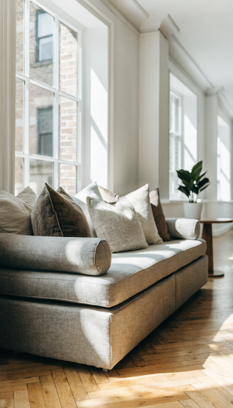 A modern minimalist daybed positioned against a white wall in a bright contemporary office space, featuring a sleek backless design with clean lines and neutral upholstered fabric in light gray or beige. The daybed is styled with cylindrical bolster pillows at each end and layered decorative throw pillows in complementary tones creating a cozy, inviting look. Natural light streams through a nearby window, illuminating the space-saving furniture piece that serves as both seating and lounging area. Subtle storage drawers visible underneath the daybed frame. The office setting includes minimal decor elements like a small side table and indoor plant, emphasizing the functional yet comfortable aesthetic. Professional interior photography with shallow depth of field, warm natural lighting, photorealistic quality.