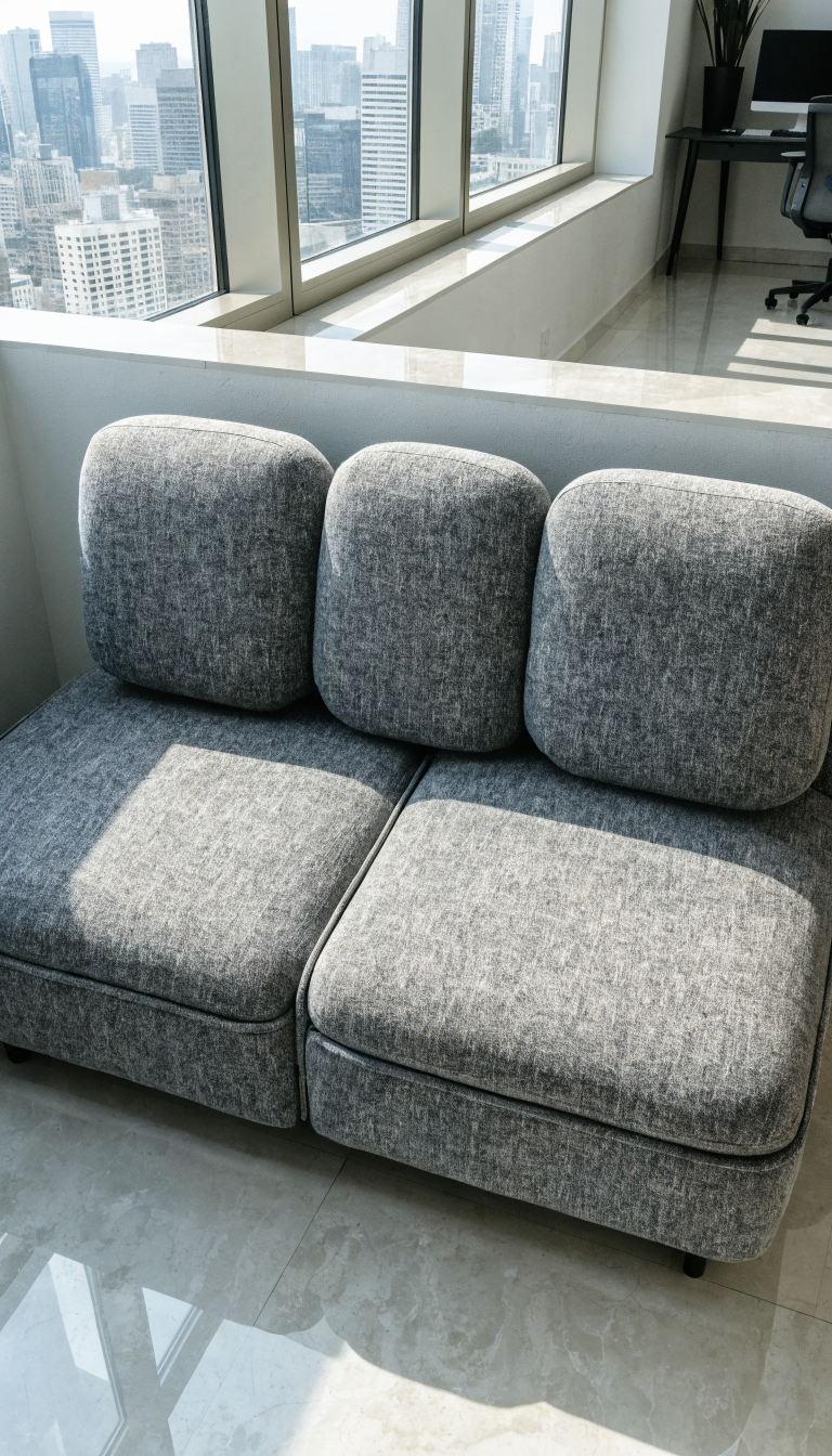 A modern armless office sofa in a compact workspace, sleek minimalist design with clean lines and no bulky armrests, positioned snugly against a white wall beneath a window, neutral gray or beige upholstery, small office setting with desk visible in background, natural lighting from window above, professional corporate environment, photograph showing the space-saving benefits and slim profile of the furniture, contemporary business interior design, wide angle shot emphasizing how the compact sofa fits seamlessly in the small office space