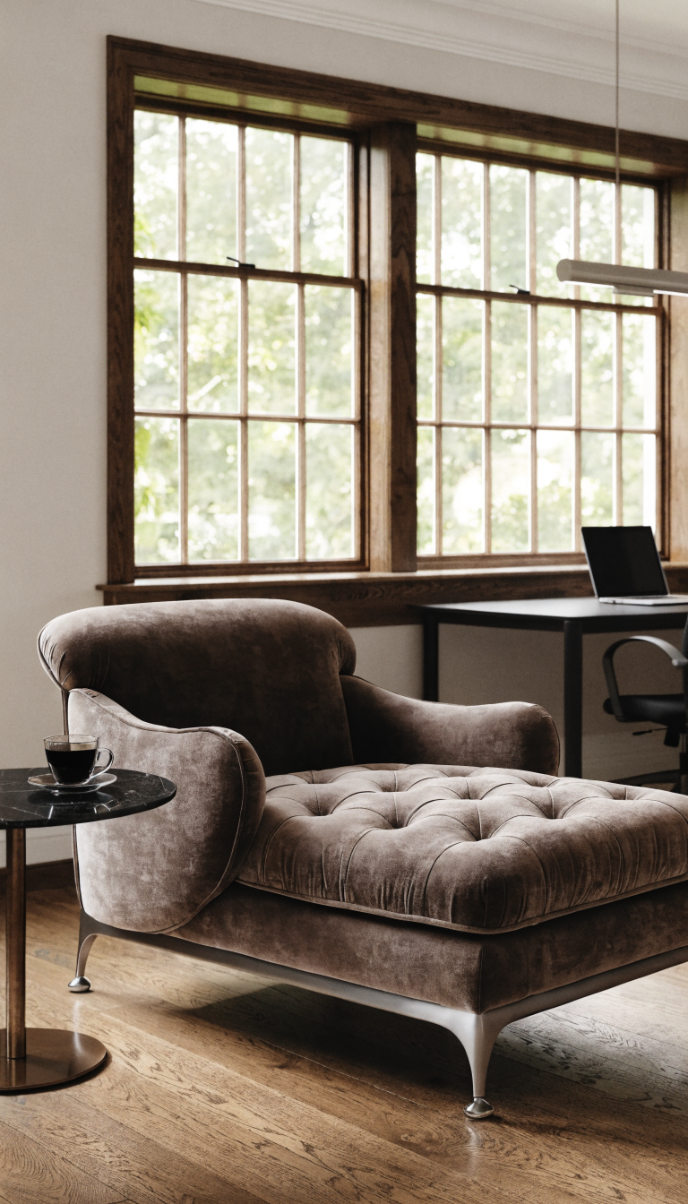 A luxurious compact chaise lounge in a small modern office space, sleek contemporary design with soft velvet upholstery in a sophisticated neutral tone, positioned near a window with natural light streaming in, minimalist workspace visible in background with desk and laptop, elegant curved silhouette that fits perfectly in the compact area, cozy reading nook aesthetic with a small side table and coffee cup, professional yet inviting atmosphere, photorealistic interior photography, shallow depth of field, warm ambient lighting, magazine-quality composition